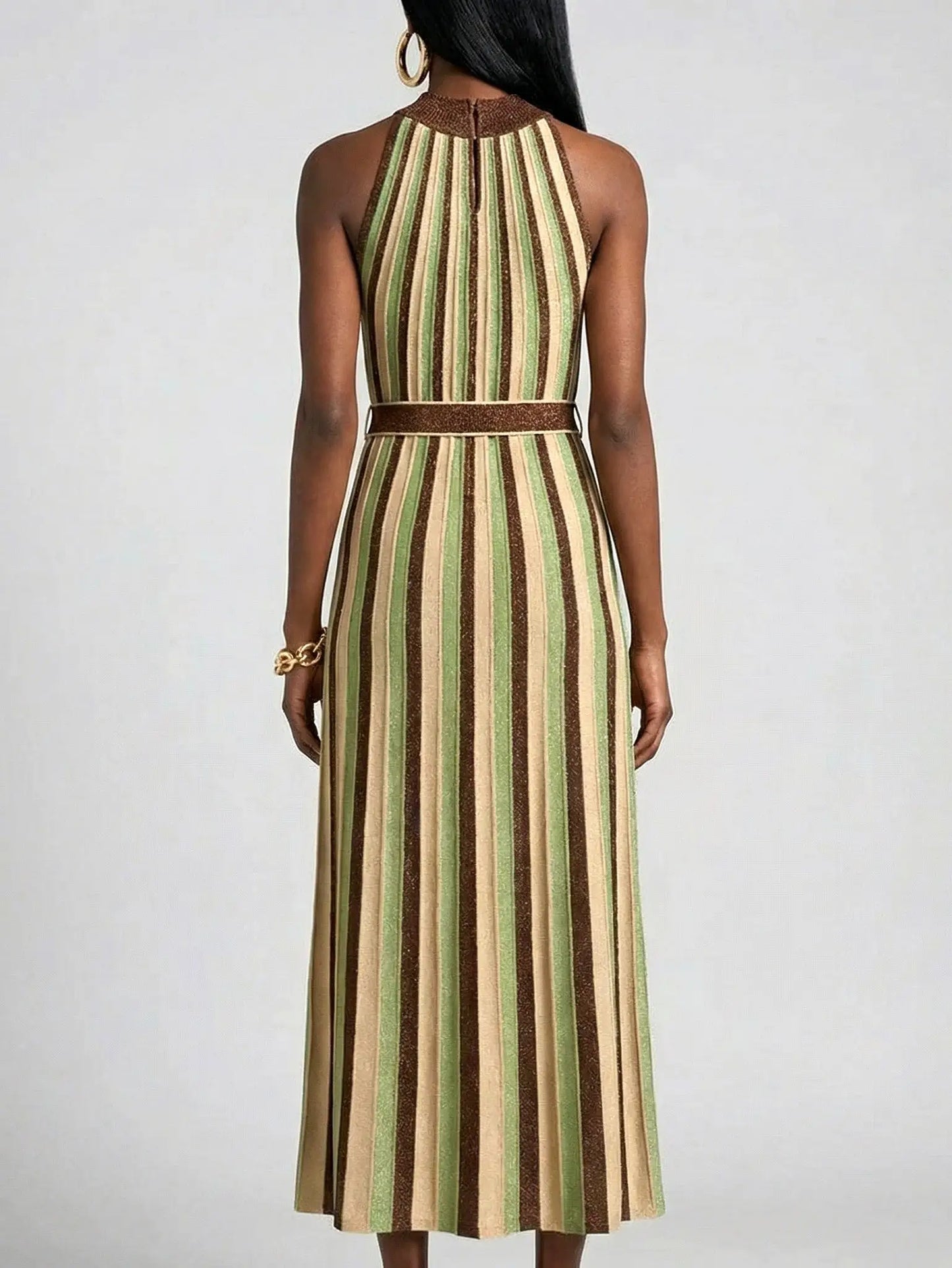 Striped Metallic Halter Neck Knit Dress - Dresses