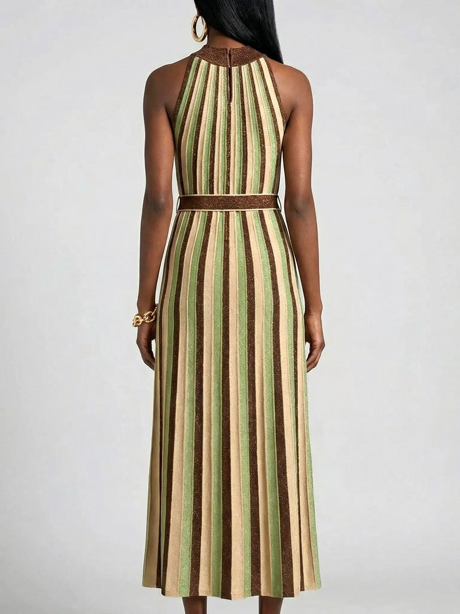 Striped Metallic Halter Neck Knit Dress - Dresses