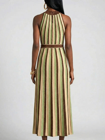 Striped Metallic Halter Neck Knit Dress - Dresses