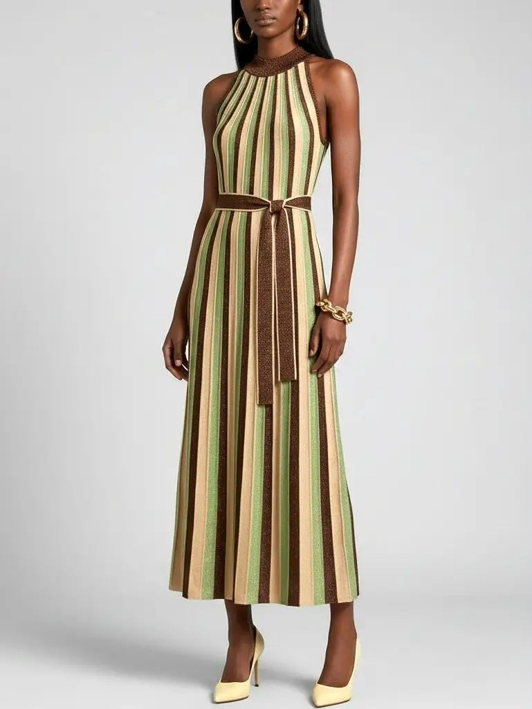 Striped Metallic Halter Neck Knit Dress - Dresses