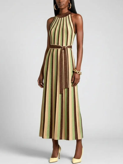 Striped Metallic Halter Neck Knit Dress - Dresses