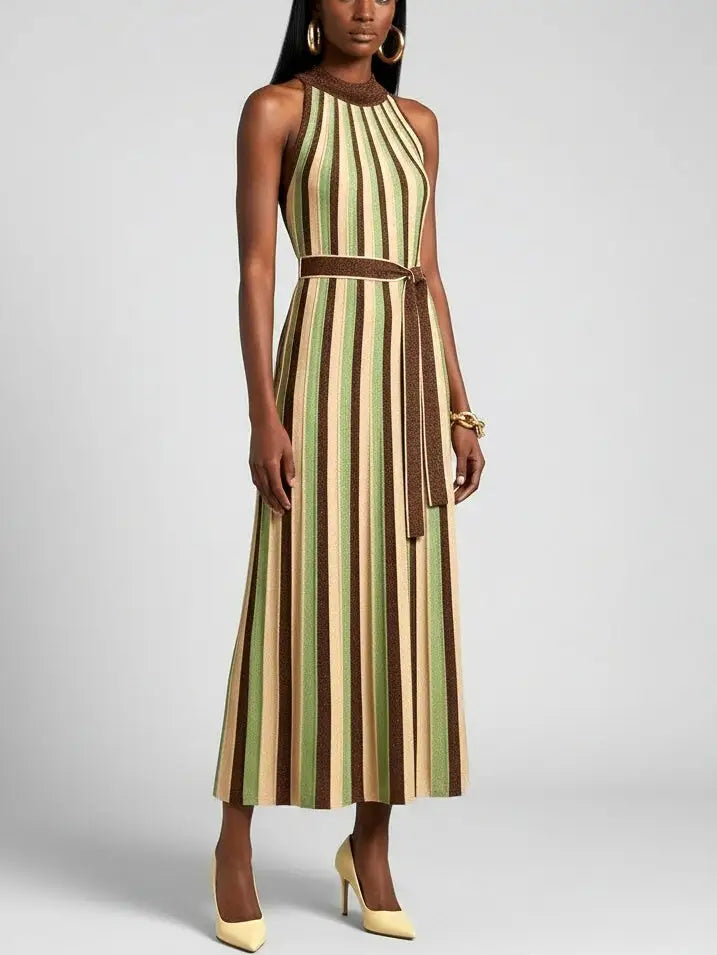 Striped Metallic Halter Neck Knit Dress - Dresses
