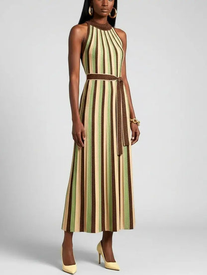 Striped Metallic Halter Neck Knit Dress - Dresses