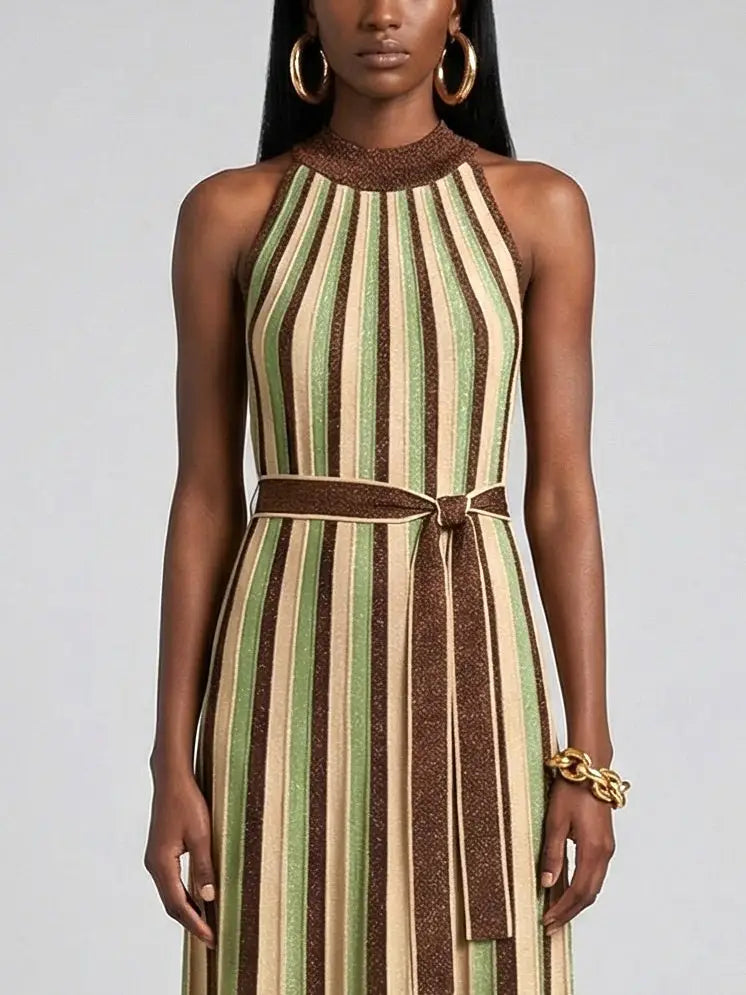 Striped Metallic Halter Neck Knit Dress - Dresses