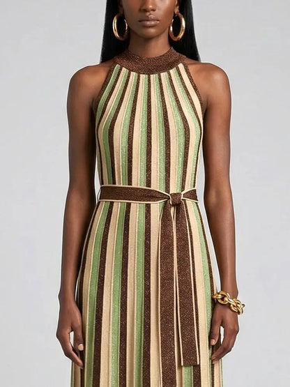 Striped Metallic Halter Neck Knit Dress - Dresses