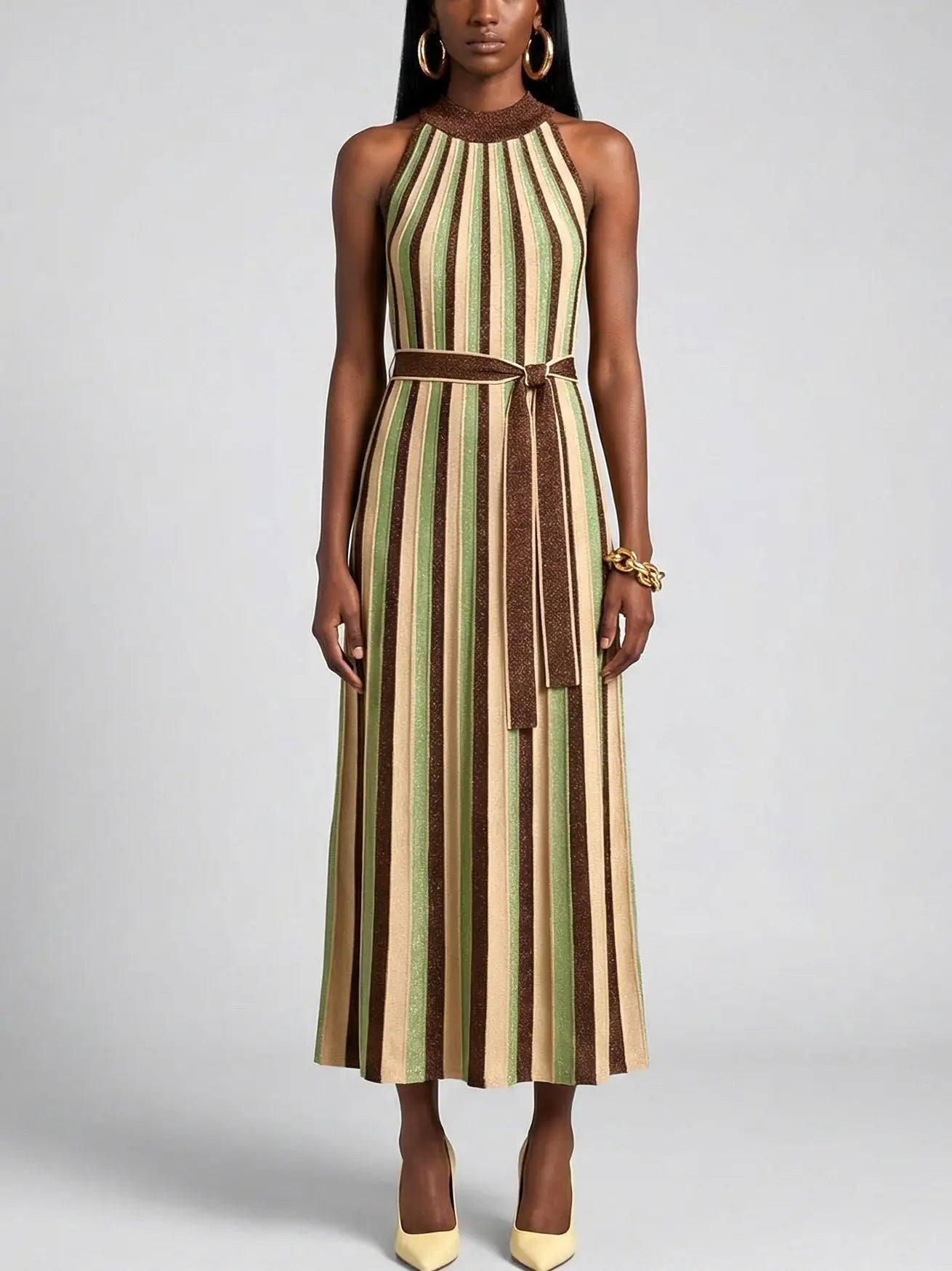 Striped Metallic Halter Neck Knit Dress - S - Dresses