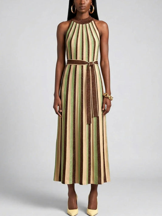 Striped Metallic Halter Neck Knit Dress - S - Dresses