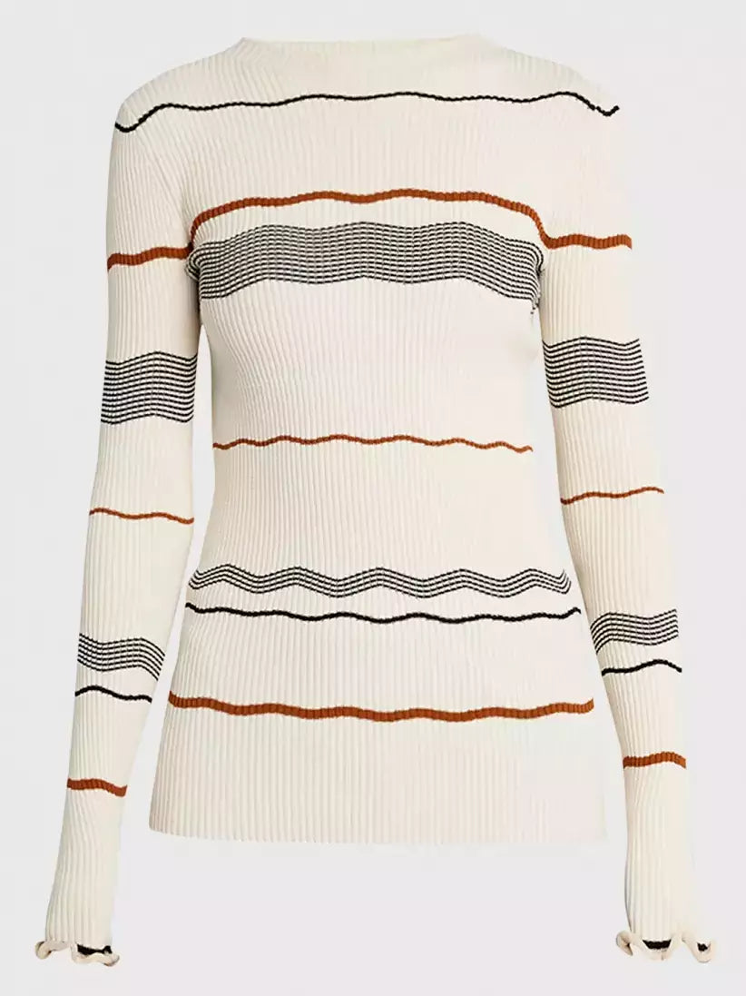 Striped Ribbed Knit Stretch Sweater in Cream with long sleeves and stylish design