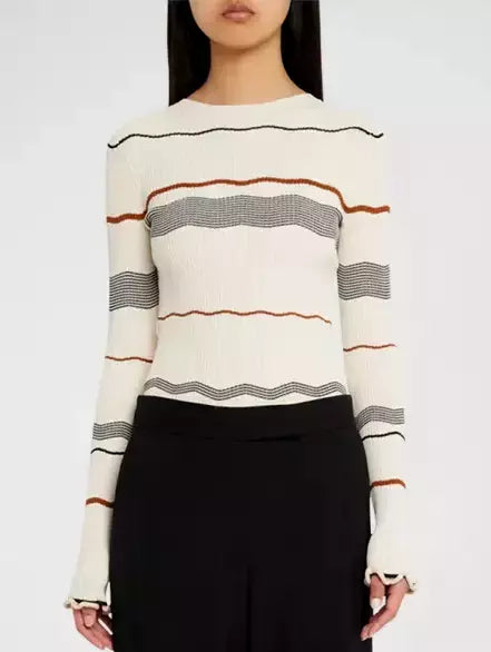 Striped Ribbed Knit Stretch Sweater in Cream, perfect for stylish layering options