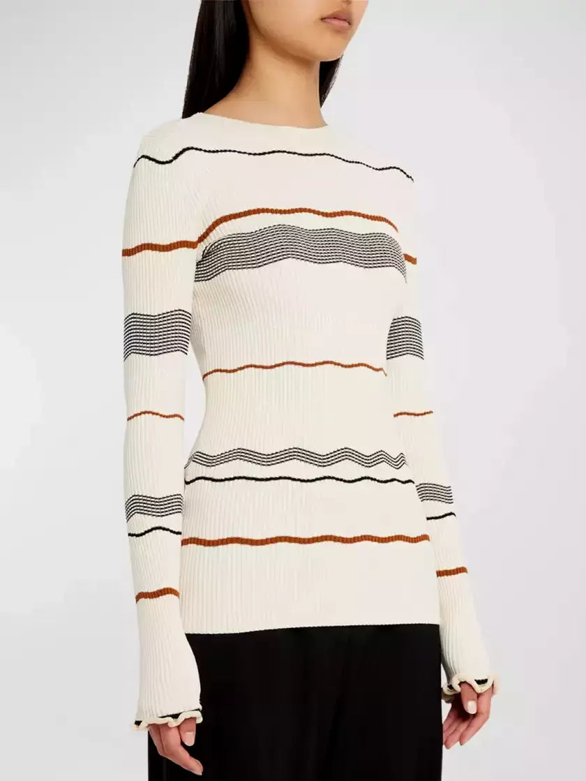 Striped Ribbed Knit Stretch Sweater in Cream, perfect for casual and stylish outfits