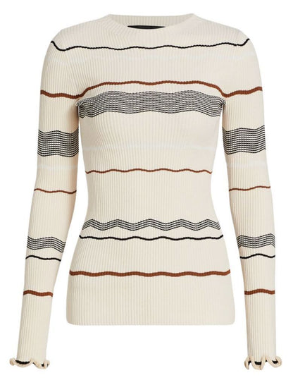 Cream Striped Ribbed Knit Stretch Sweater featuring a luxurious ribbed design