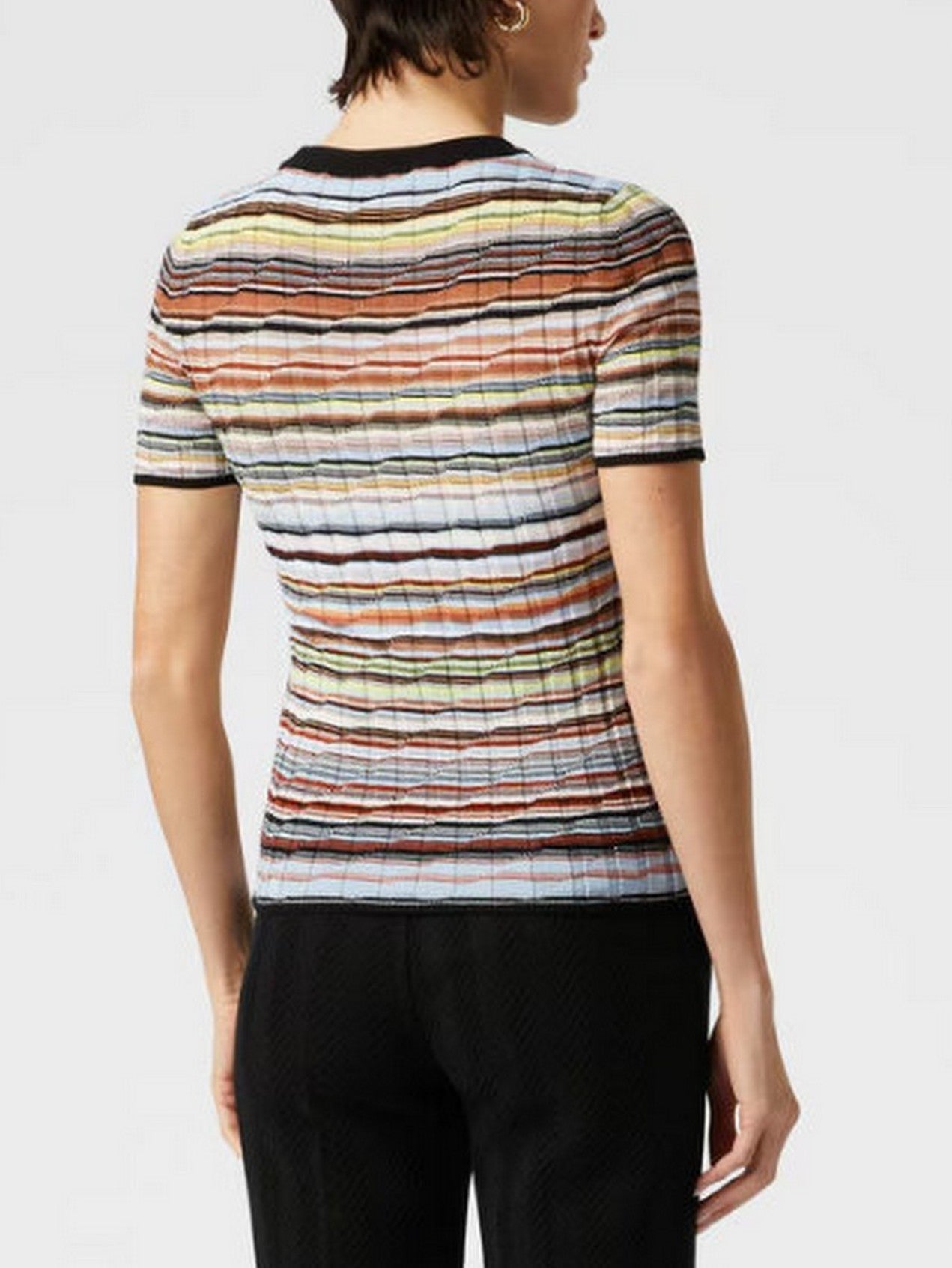 Striped Ribbed Knit T-Shirt in Black and Multi - Tops