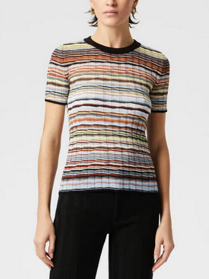Striped Ribbed Knit T-Shirt in Black and Multi - Tops