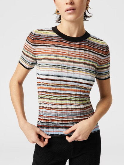 Striped Ribbed Knit T-Shirt in Black and Multi - Tops