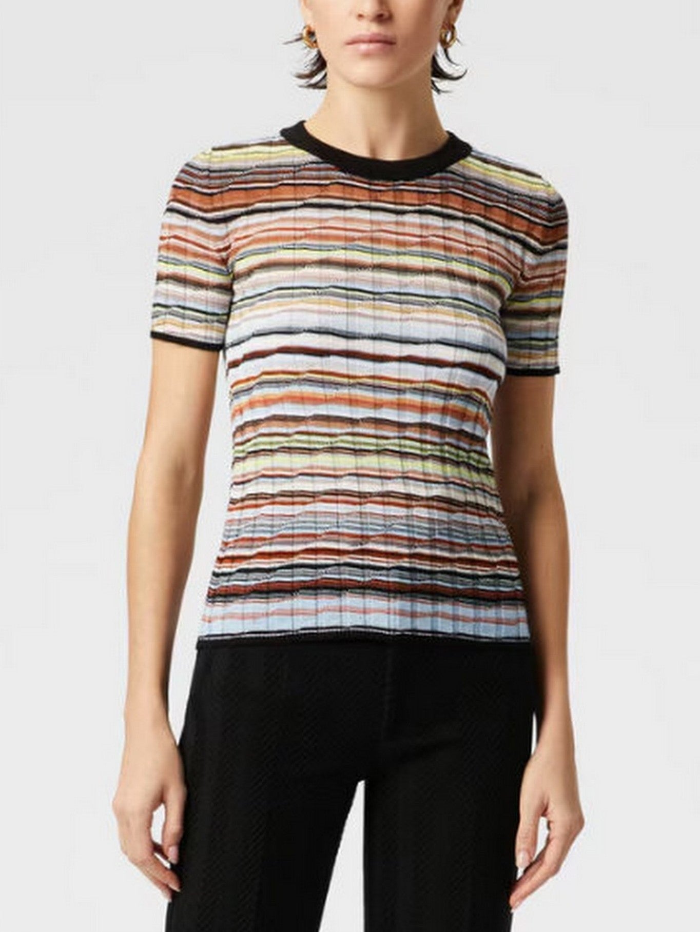 Striped Ribbed Knit T-Shirt in Black and Multi - S - Tops