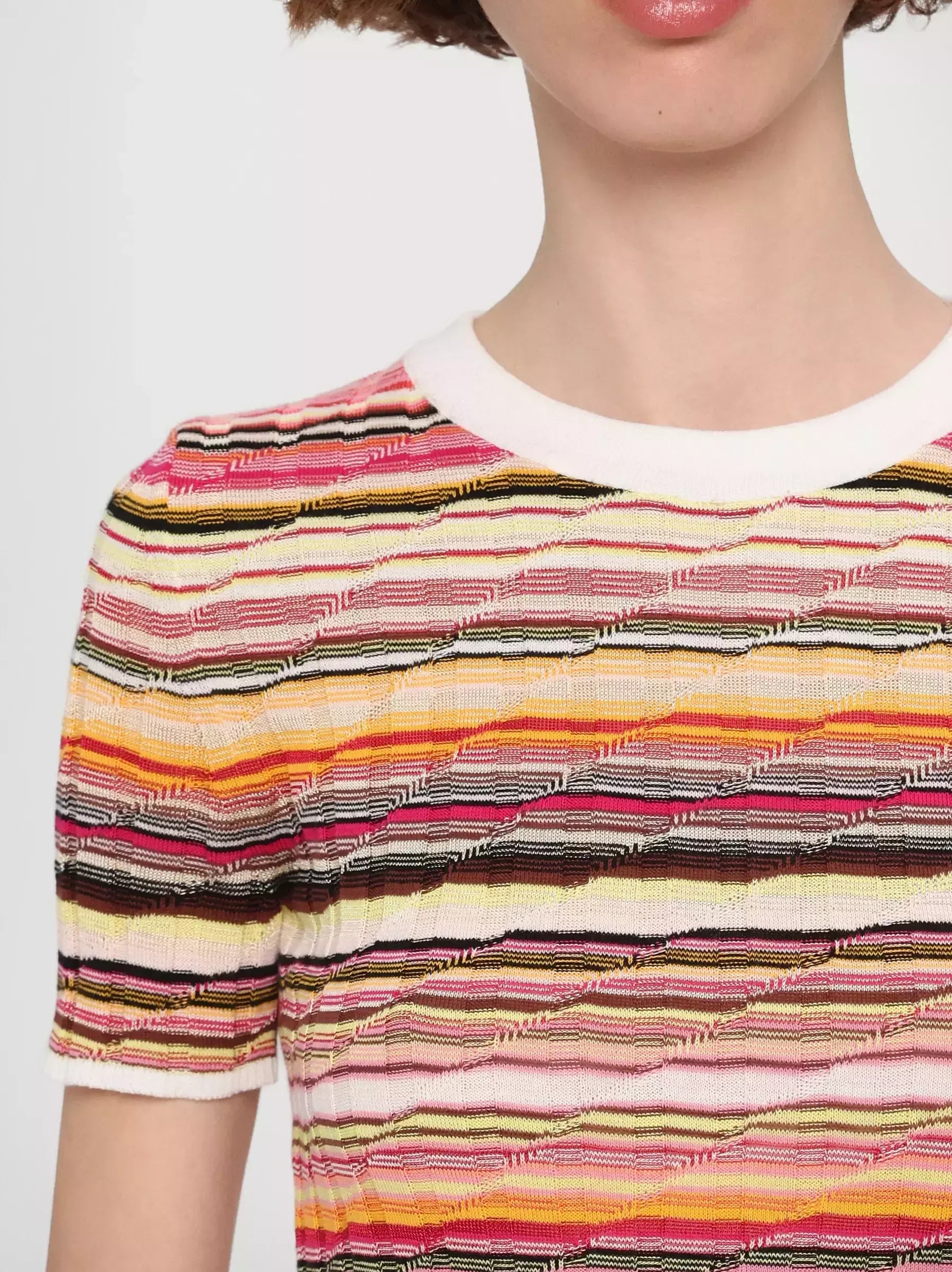 Striped Ribbed Knit T-Shirt in White and Multi - Tops