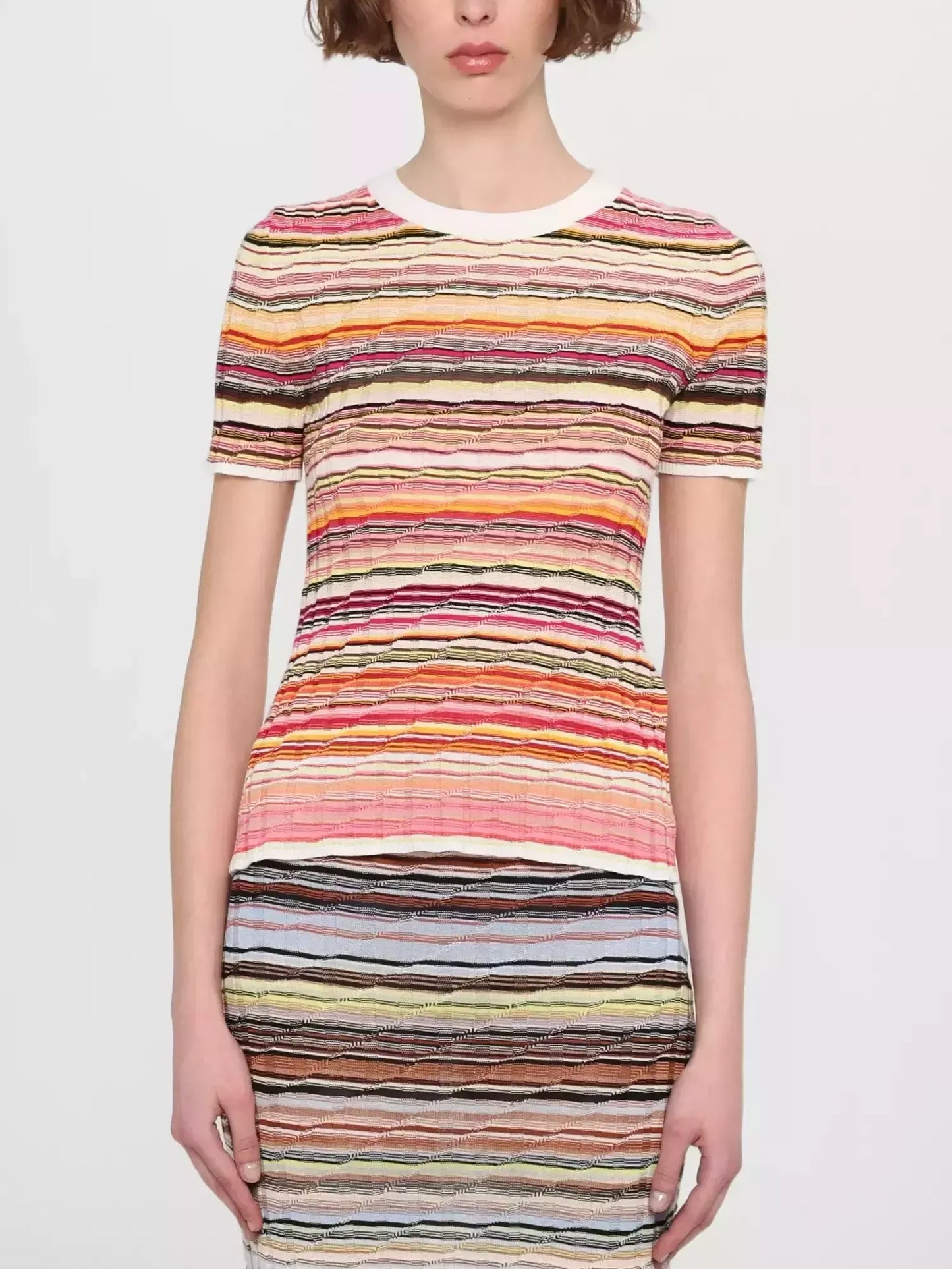 Striped Ribbed Knit T-Shirt in White and Multi - Tops