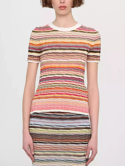 Striped Ribbed Knit T-Shirt in White and Multi - Tops
