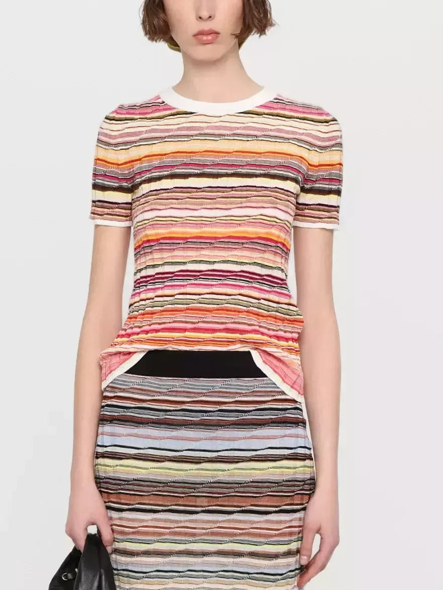 Striped Ribbed Knit T-Shirt in White and Multi - Tops
