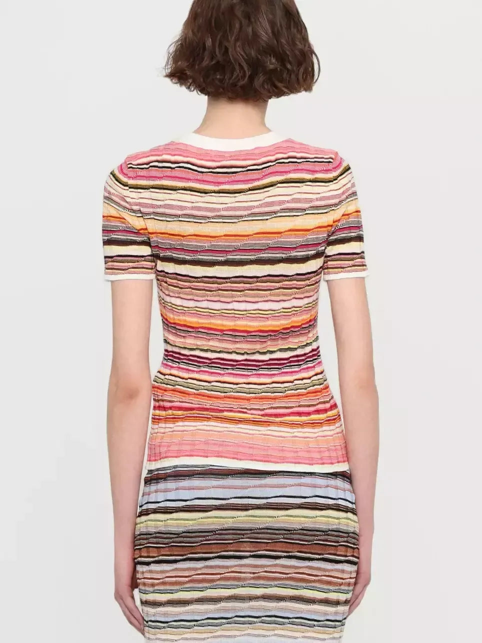 Striped Ribbed Knit T-Shirt in White and Multi - Tops