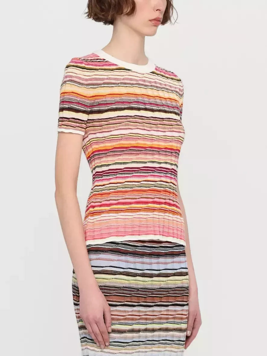 Striped Ribbed Knit T-Shirt in White and Multi - Tops