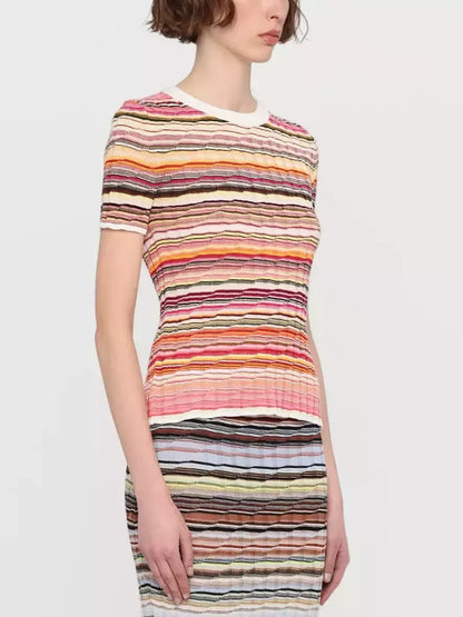 Striped Ribbed Knit T-Shirt in White and Multi - Tops