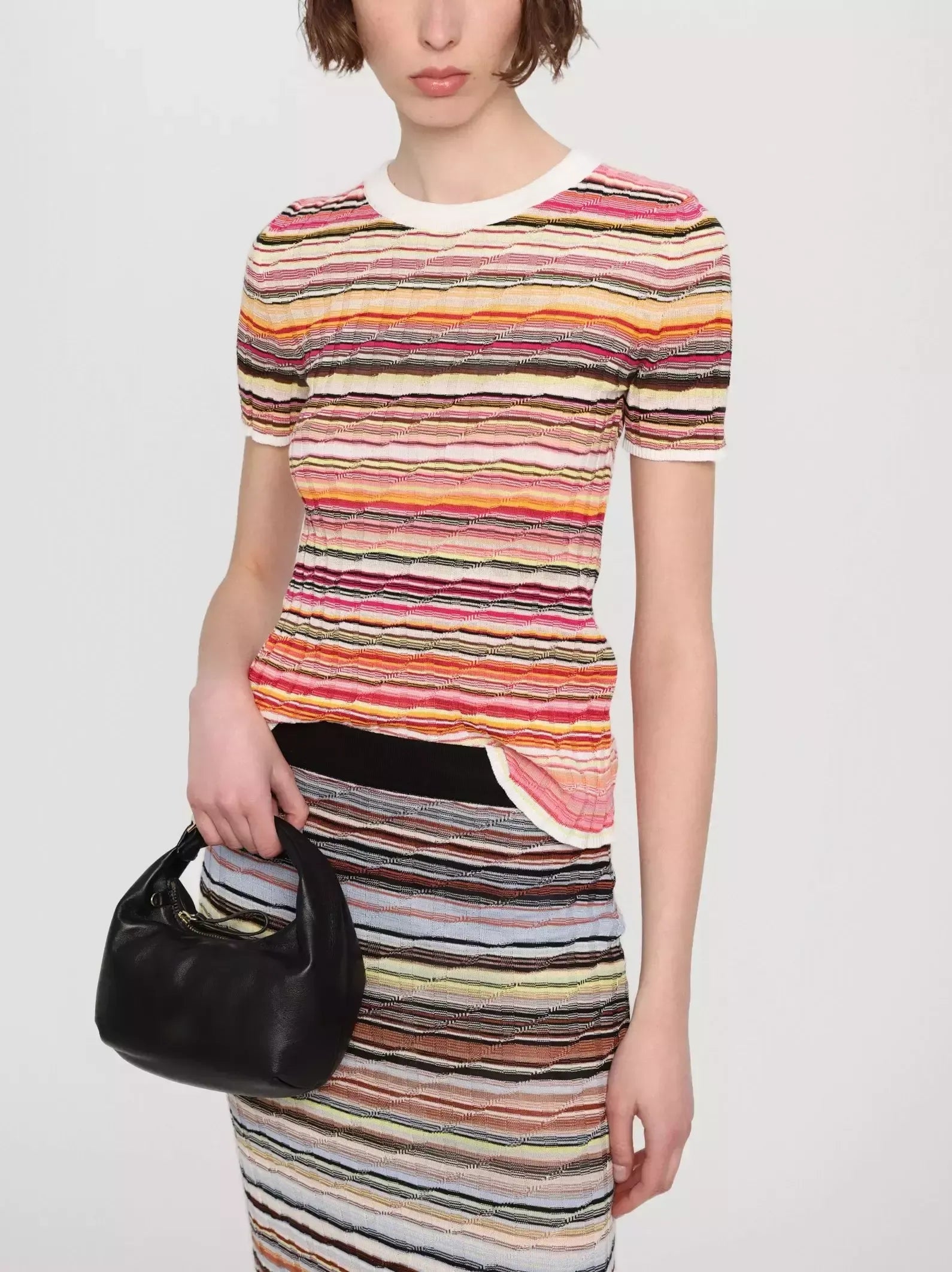Striped Ribbed Knit T-Shirt in White and Multi - Tops