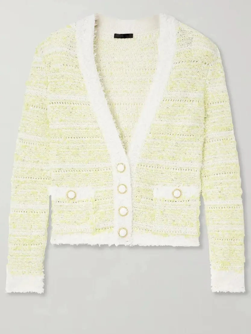 Striped Tweed Cardigan in Yellow and White - Sweaters & Knitwear