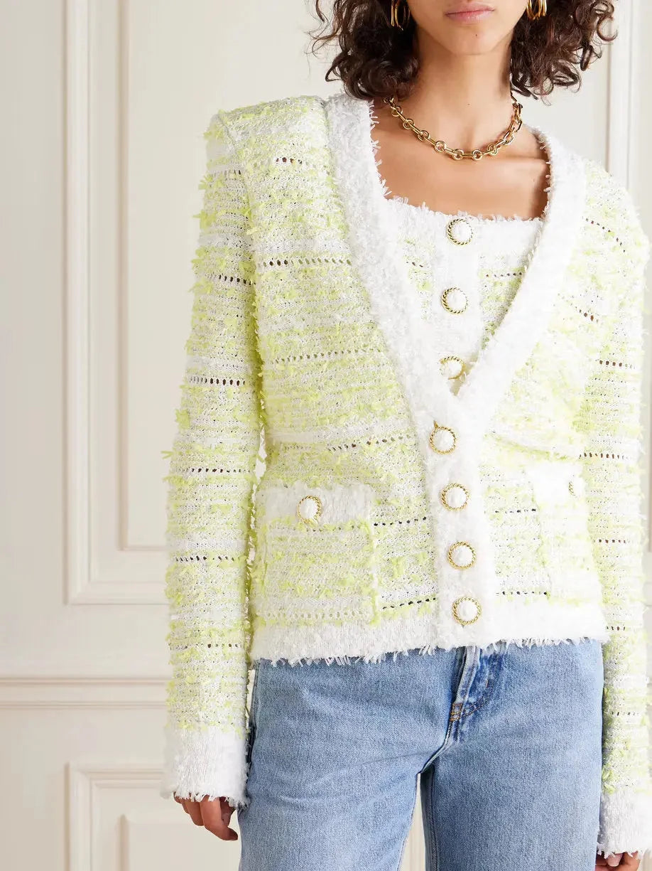 Striped Tweed Cardigan in Yellow and White - Sweaters & Knitwear