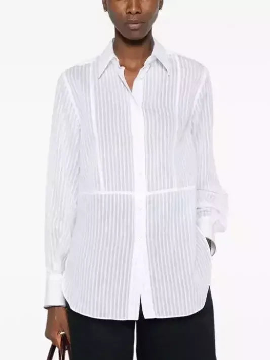 Striped White Paneled Shirt with Beaded Chain Cuff Trim - Tops