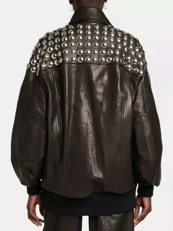 Studded Black Leather Bomber Jacket - Jackets