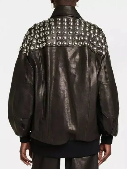 Studded Black Leather Bomber Jacket - Jackets