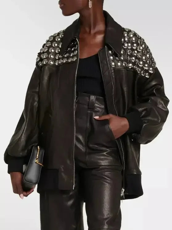 Studded Black Leather Bomber Jacket - Jackets
