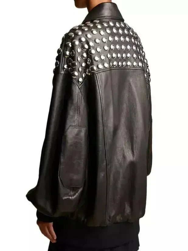 Studded Black Leather Bomber Jacket - Jackets