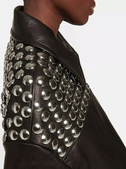 Studded Black Leather Bomber Jacket - Jackets