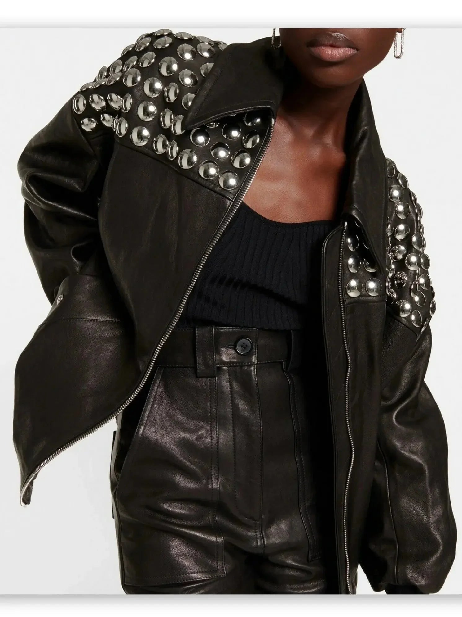 Studded Black Leather Bomber Jacket - Jackets