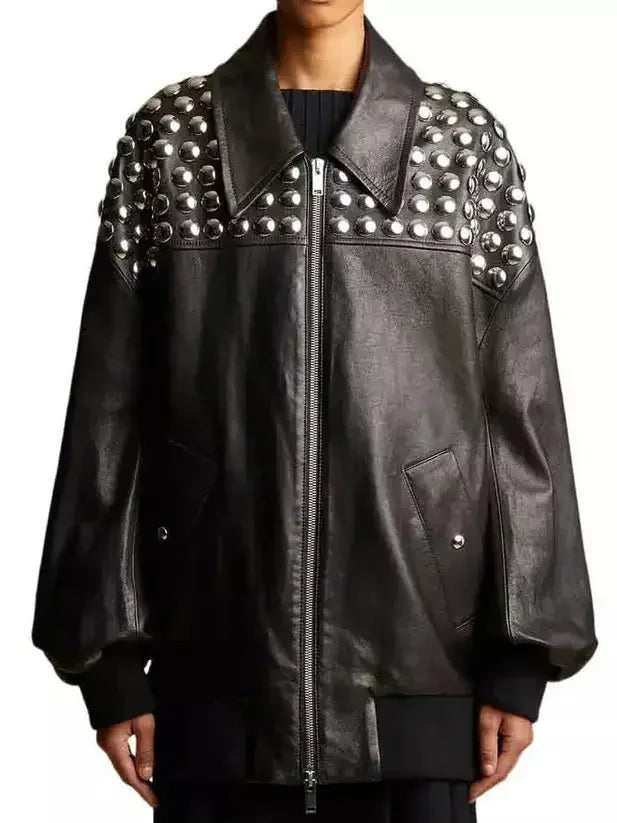 Studded Black Leather Bomber Jacket - Jackets