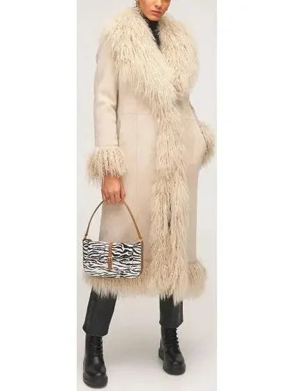 Suede and Lambswool Long Coat Beige - Coats