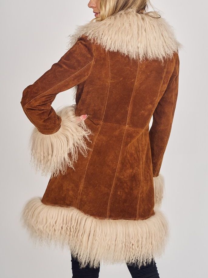 Suede Coat with Mongolian Sheep Fur in Camel Brown - Coats