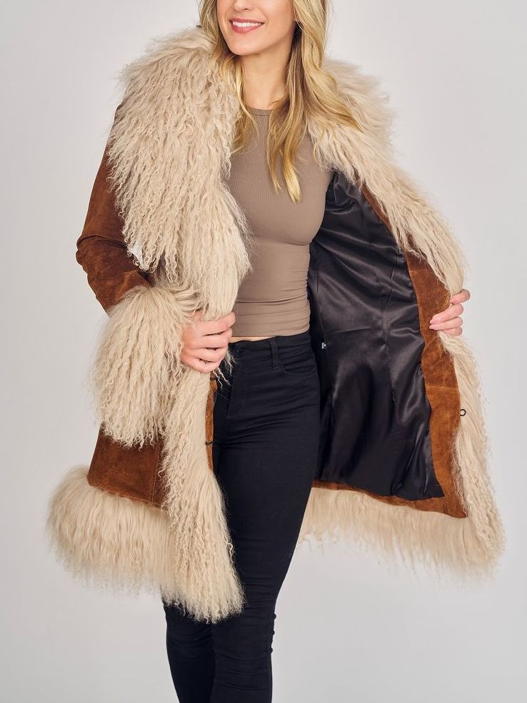 Suede Coat with Mongolian Sheep Fur in Camel Brown - Coats