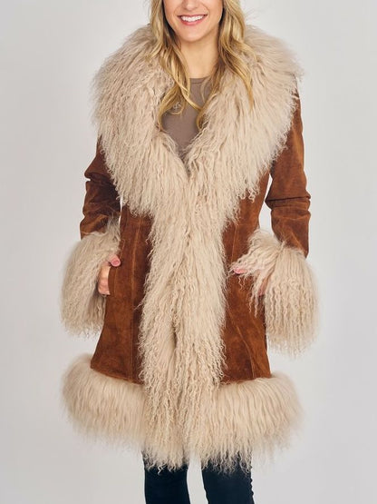 Suede Coat with Mongolian Sheep Fur in Camel Brown - Coats