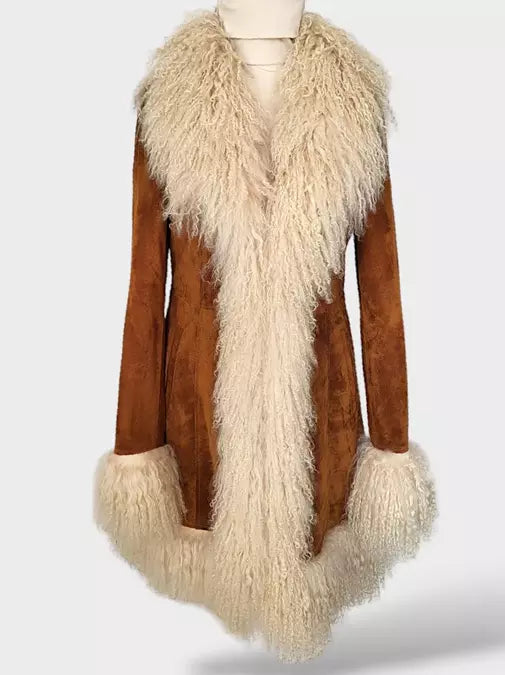 Suede Coat with Mongolian Sheep Fur in Camel Brown - Coats