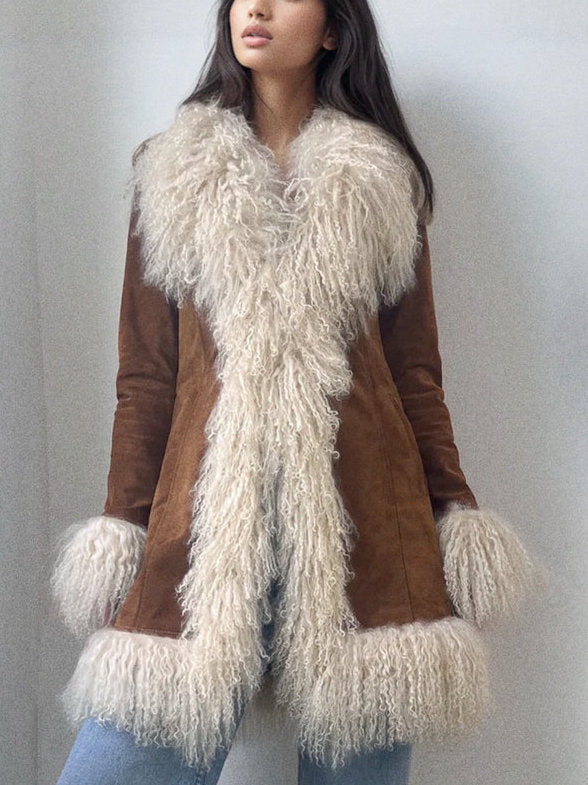 Suede Coat with Mongolian Sheep Fur in Camel Brown - Coats