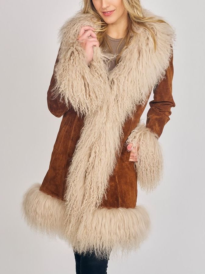 Suede Coat with Mongolian Sheep Fur in Camel Brown - Coats