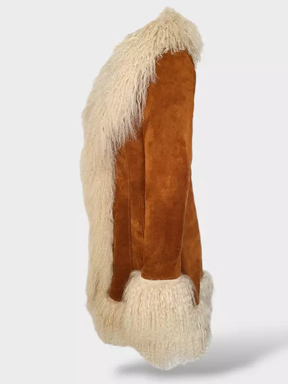 Suede Coat with Mongolian Sheep Fur in Camel Brown - Coats