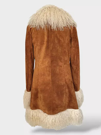 Suede Coat with Mongolian Sheep Fur in Camel Brown - Coats