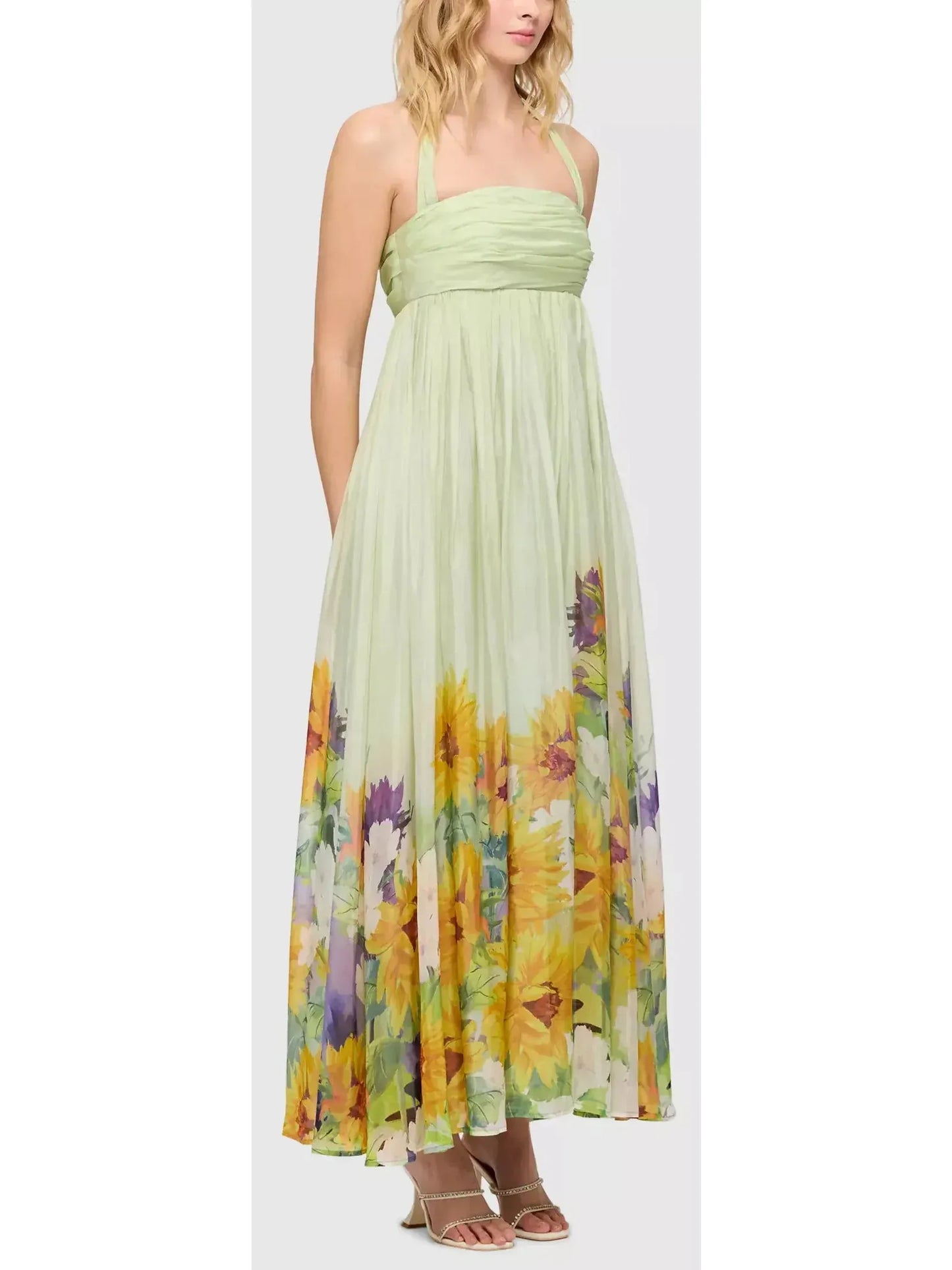 Sunflower Printed Silk Halter-Neck Maxi Dress - Dresses