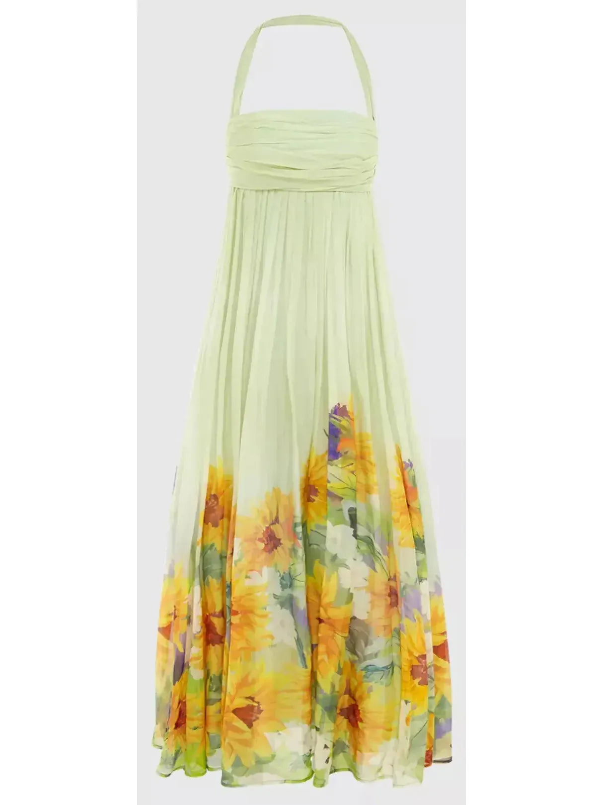 Sunflower Printed Silk Halter-Neck Maxi Dress - Dresses