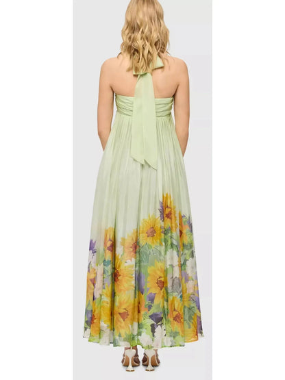 Sunflower Printed Silk Halter-Neck Maxi Dress - Dresses