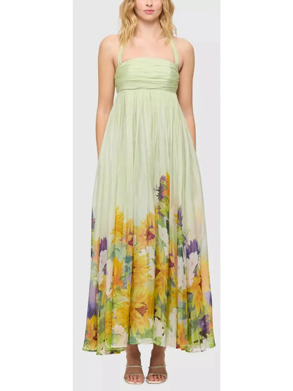 Sunflower Printed Silk Halter-Neck Maxi Dress - Dresses